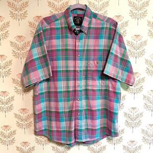 Vintage Men’s Salty Dog Pastel Plaid Short Sleeve Shirt, Yarn Dyed Cotton, Large